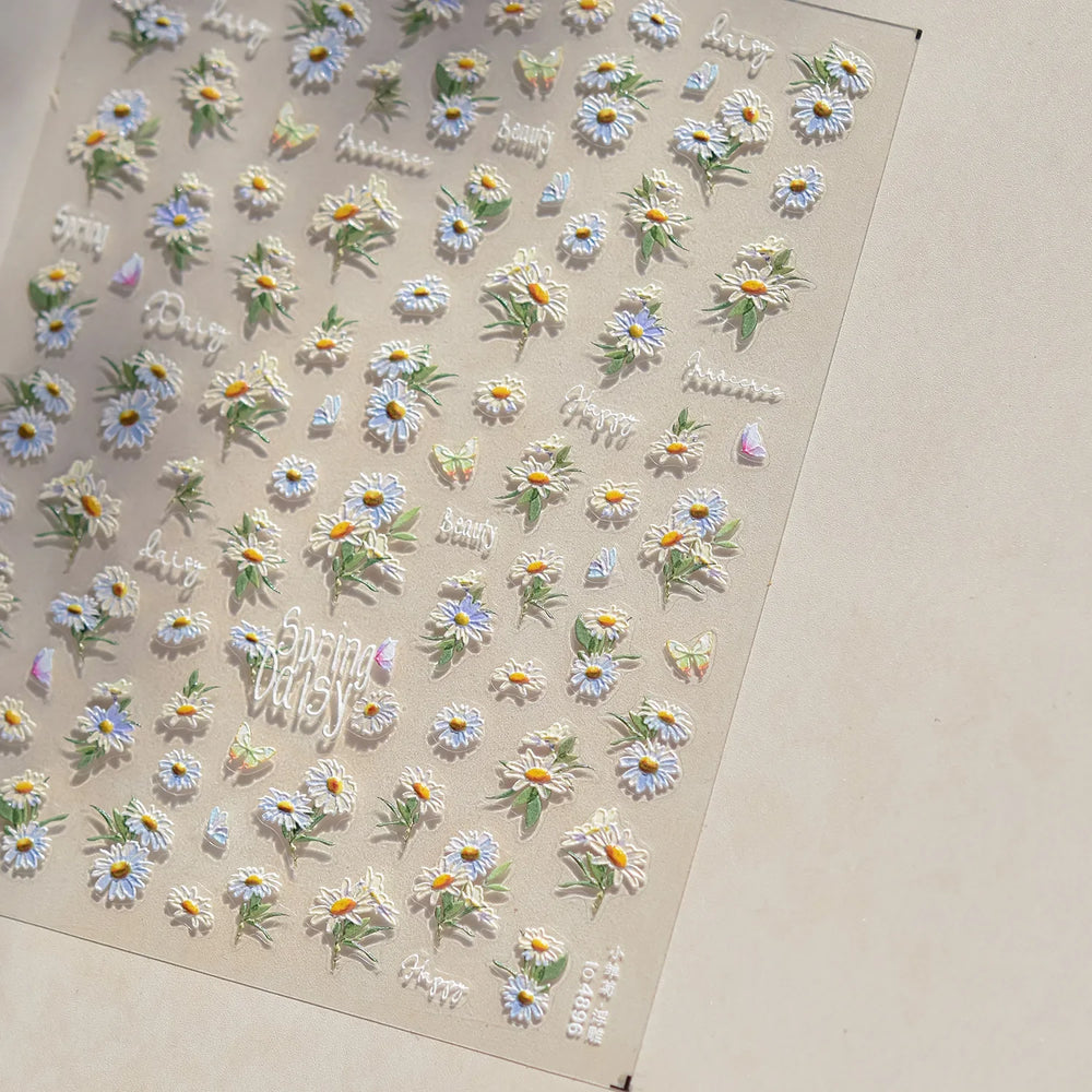 Rural Style White Daisy Flower Butterfly Small Wildflowers 5D Soft Embossed Relief Adhesive Nail Art Stickers 3D Manicure Decals (ONLINE ORDER ONLY)
