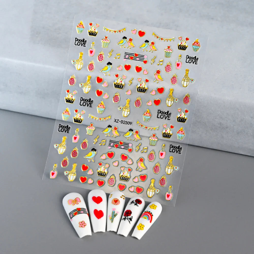 1PC Holographic Laser Heart Nail Stickers-3D Self-Adhesive Golden White Valentines Day Nail Decals For Women Nail Art Decoration (ONLINE ORDER ONLY)