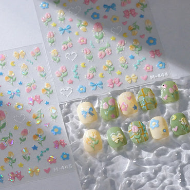 Lovely Bowknot Flower Shiny Star Love Heart Vibrant and Lively Tulip Moon Self Adhesive Nail Art Stickers Relief Manicure Decals (ONLINE ORDER ONLY)