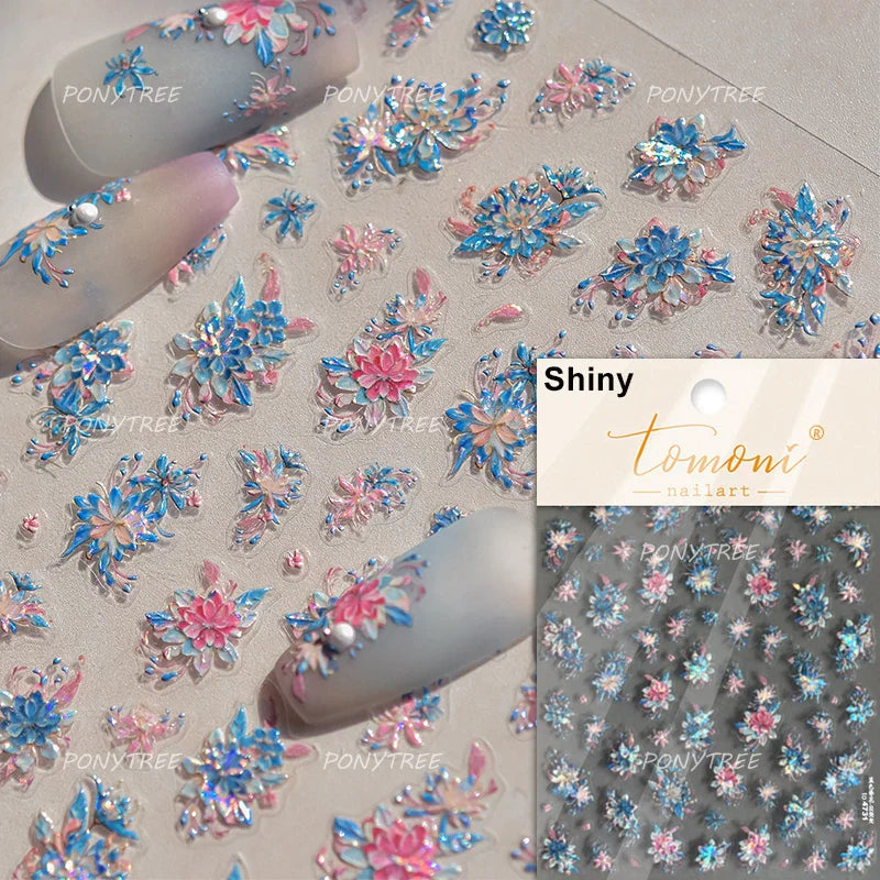Pink Cherry Blossoms Peach Flower Petal Green Leaf Greenery 5D Embossed Relief Self Adhesive Nail Art Sticker 3D Manicure Decals (ONLINE ORDER ONLY)