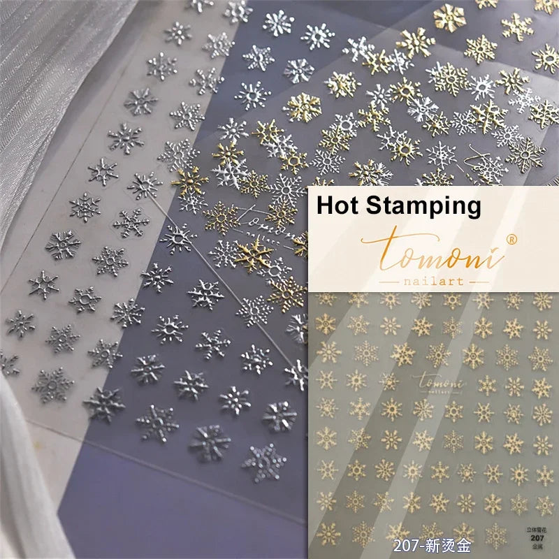 Winter Dreamy Hot Stamping Romantic White Pink Snowflakes Hexagon 3D Self Adhesive Nail Art Stickers Christmas Manicure Decals (ONLINE ORDER ONLY)