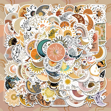 100PCS Boho Moon Sun Flower Stickers Aesthetic Retro Decals for Laptop Scrapbooking Notebook (Online Order Only)