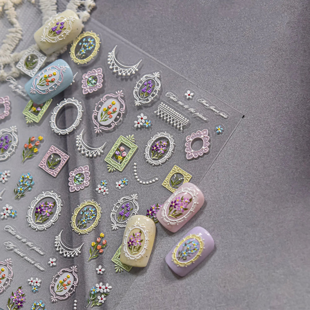 Retro European Flower Frame Gypsophila Bouquet Garden Charming Tulip Lavender Daisy Delicate Nail Art Stickers Manicure Decals (ONLINE ORDER ONLY)