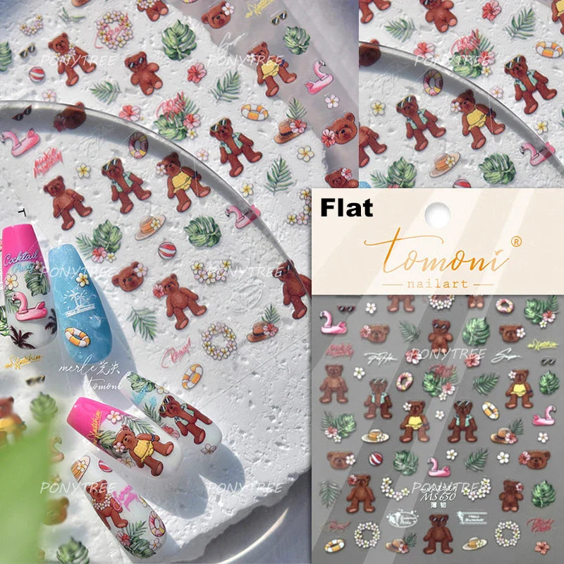 Lovely Bear Strawberry Cake Rose Flower Grid Block Bowknot Embossed Relief Self Adhesive Nail Art Sticker Cute 3D Manicure Decal (ONLINE ORDER ONLY)