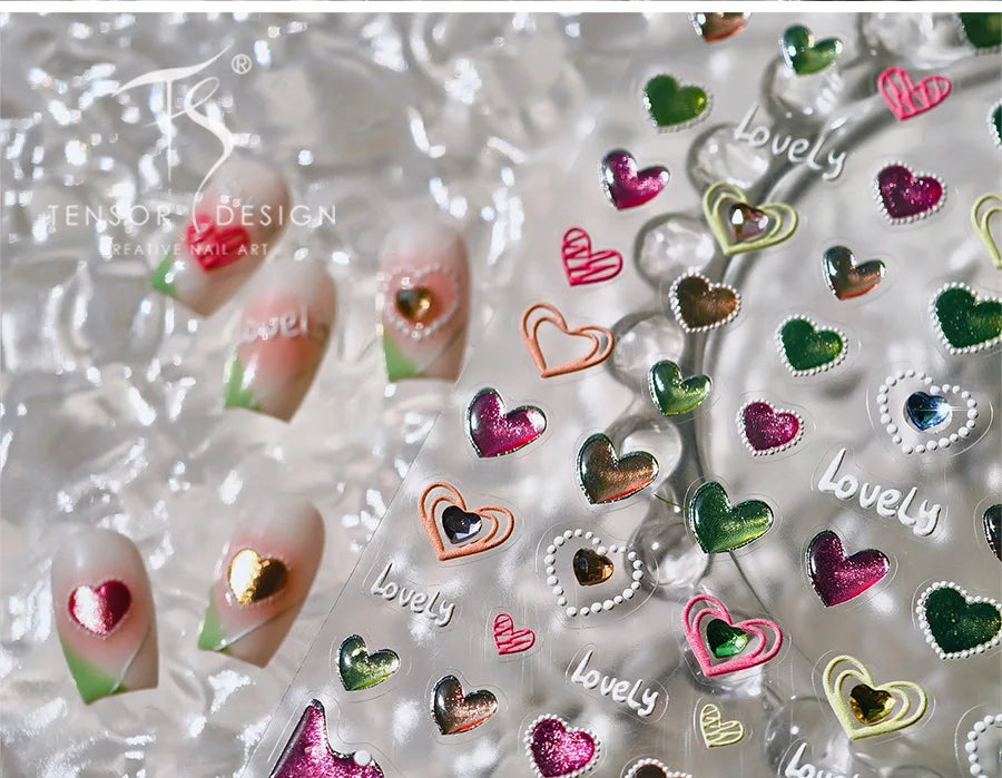 Lovely Love Heart Graffiti Crystal Geometric Cat's Eye Macaron Color Hollow Out Self Adhesive Nail Art StickersManicure Decals (ONLINE ORDER ONLY)