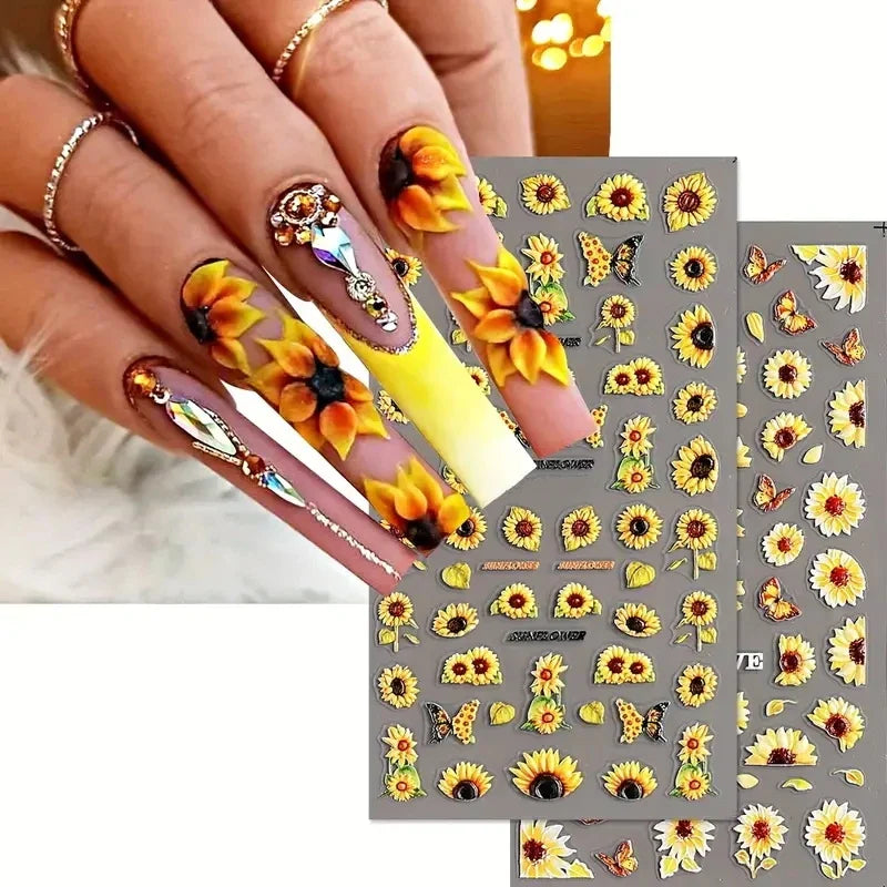 1pc Chic Sunflower 5D Nail Art Stickers Self-Adhesive Waterproof & Sustainable Decals for DIY Manicure Perfect for All Seasons * (ONLINE ORDER ONLY)