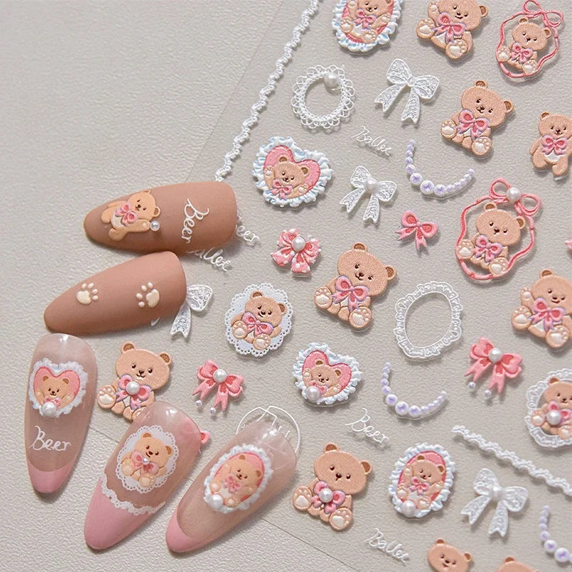 Retro Love Heart White Lace flower Bowknot Tie Pink Bear Flower Strawberry Adhesive Nail Art Stickers Rhinestone Manicure Decals (ONLINE ORDER ONLY)