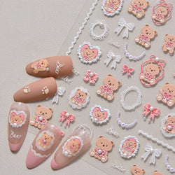 Retro Love Heart White Lace flower Bowknot Tie Pink Bear Flower Strawberry Adhesive Nail Art Stickers Rhinestone Manicure Decals (ONLINE ORDER ONLY)