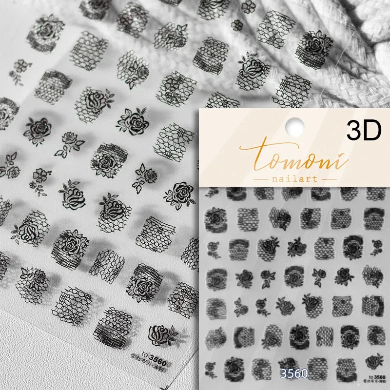 French Style Geometric Black White Square Grid Rhombus Stripe 3D Self Adhesive Nail Art Stickers Shiny Rhinestone Manicure Decal (ONLINE ORDER ONLY)