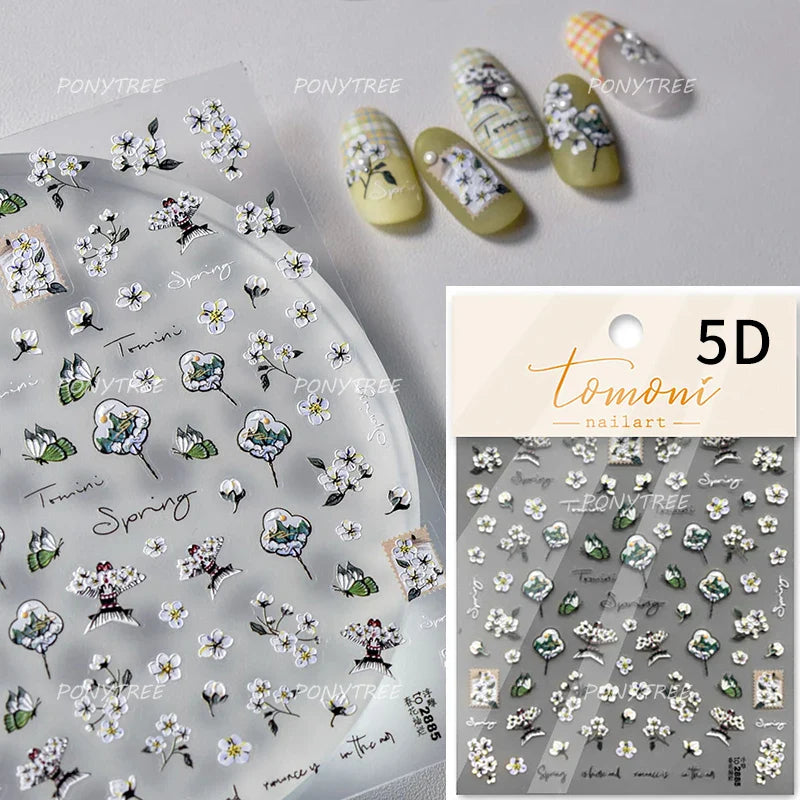Retro Tulip Flowers Daisy Photo Frame Geometric Border Bowknot Butterfly Soft Relief Adhesive Nail Art Stickers Manicure Decals (ONLINE ORDER ONLY)