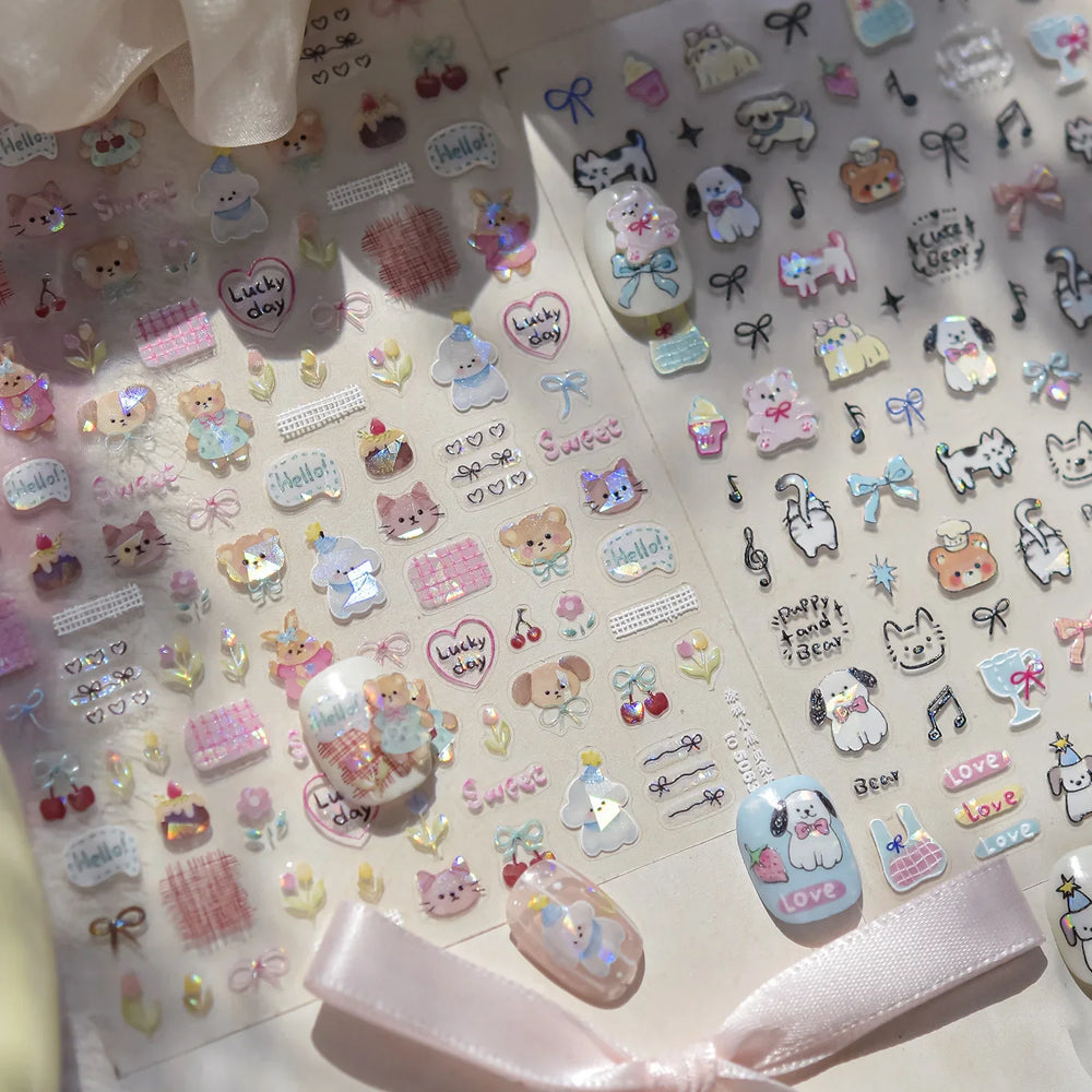Lovely Animals Cat Dog Bear Party Puppy Kitten Cake Bowknot Flower Love Heart Lace Gird Adhesive Nail Art Sticker Manicure Decal (ONLINE ORDER ONLY)