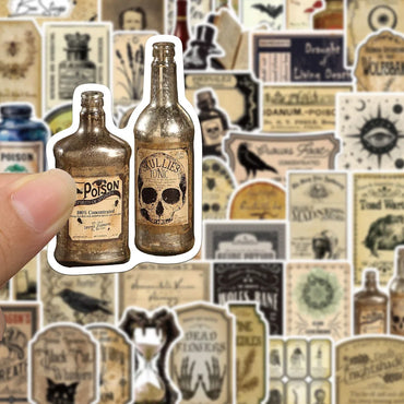 10/50pcs Vintage Magic Potion Bottle Label Stickers Horror Halloween Sticker Decorative Window Notebook Luggage Car Decals Toys (Online Order Only)