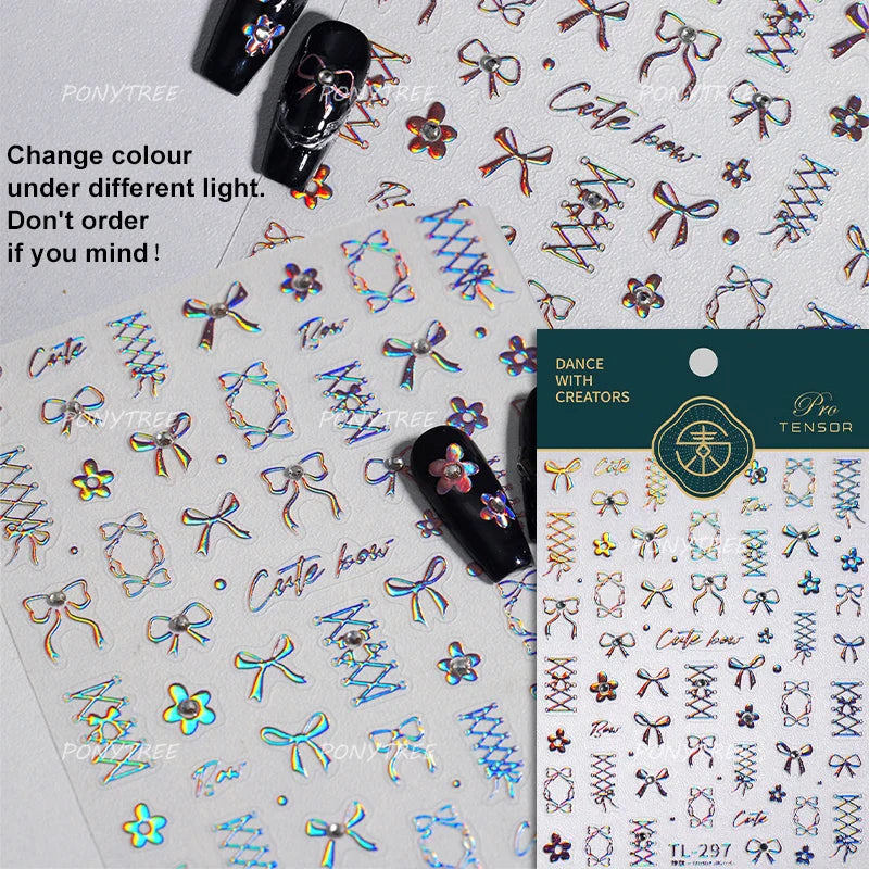 French Chic Blue Line Bowknot Fan Flower Leaves Butterfly Lace Frame Bell Shiny Self Adhesive Nail Art Stickers Manicure Decals (ONLINE ORDER ONLY)