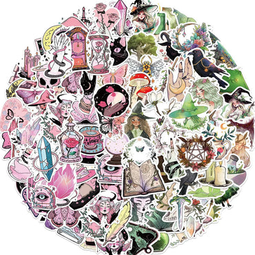10/30/50/100pcs Cute Art Gothic Pink Green Magic Witch Aesthetic Stickers Cartoon Decal Laptop Phone Suitcase Decoration Sticker (ONLINE ORDER ONLY)