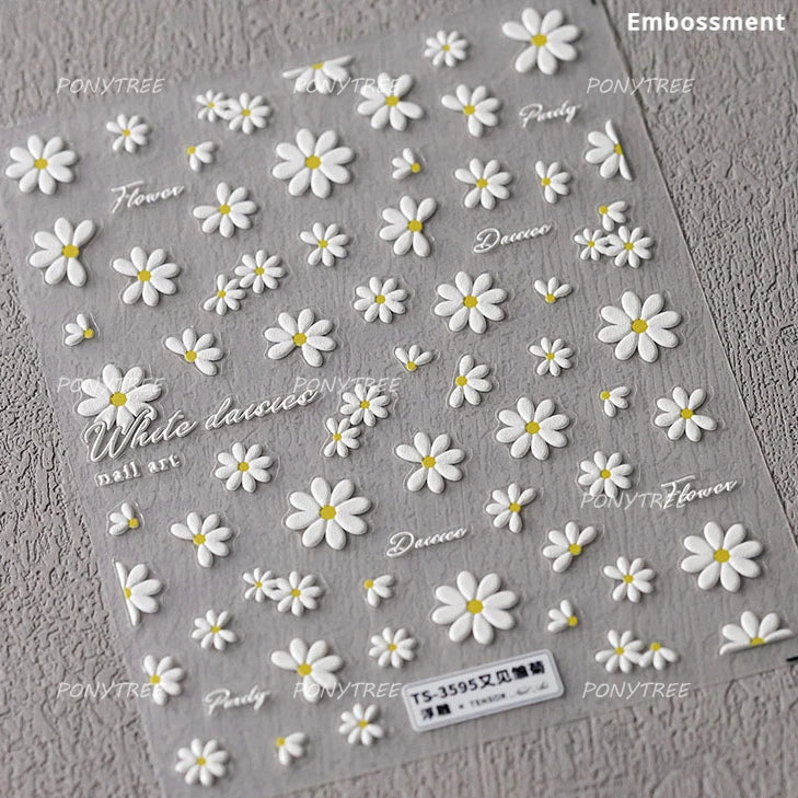 Mountain Daisy Wild Flower Mini Green Leaves White Petal Romantic Embossed Reliefs Adhesive Nail Art Stickers Manicure Decals (ONLINE ORDER ONLY)