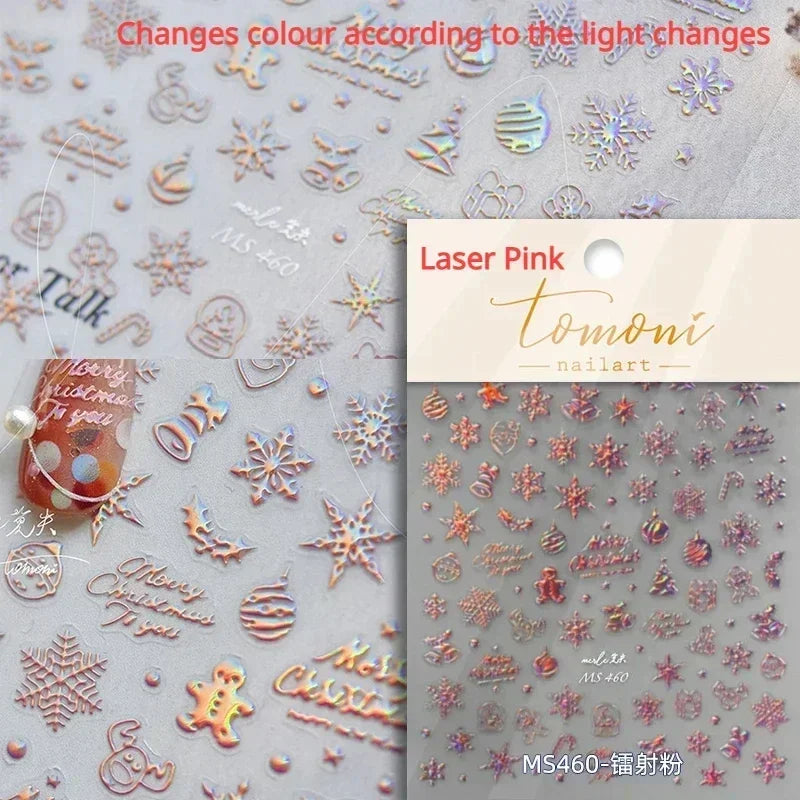 Dressy Embossment Colorful Gradient Snowflakes Laser Silver Christmas Tree Winter Bowknot Santa Nail Art Stickers Manicure Decal (Online Order Only)