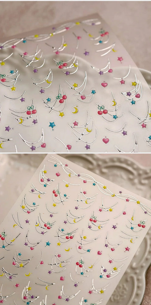 Chic Colourful Star Moon Curved Line Arc Necklace Love Heart Hanging in The Air Cherry Adhesive Nail Art Stickers Manicure Decal (Online Order Only)