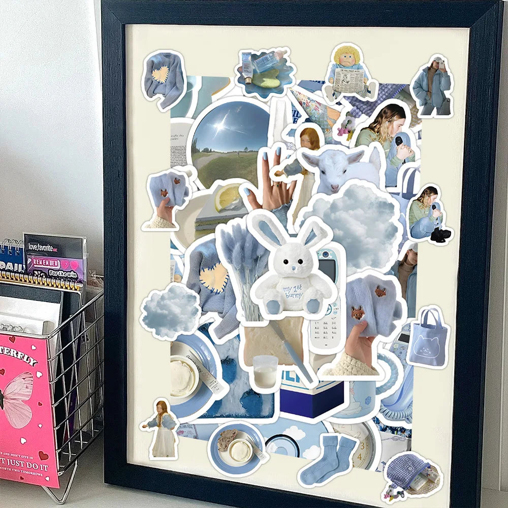 10/30/60PCS Ins Style Simple Blue Stickers Cute Cartoon Decal DIY Notebook Phone Fridge Suitcase Skateboard Car Sticker Kids Toy (ONLINE ORDER ONLY)