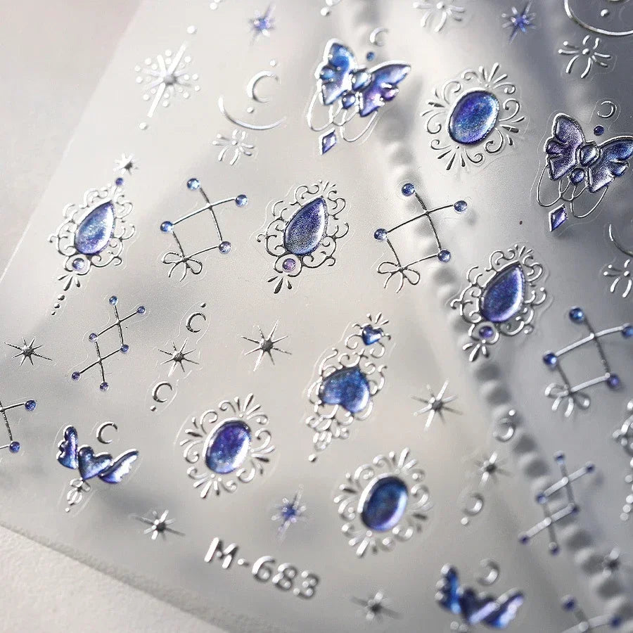 Romantic Purple Star Moon Butterfly Bowknot Retro Water Drop Gem Starburst Adhesive Nail Art Stickers Starlight Manicure Decals (ONLINE ORDER ONLY)