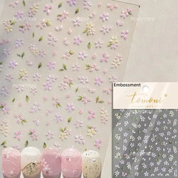 Pink Cherry Blossoms Peach Flower Petal Green Leaf Greenery 5D Embossed Relief Self Adhesive Nail Art Sticker 3D Manicure Decals (ONLINE ORDER ONLY)