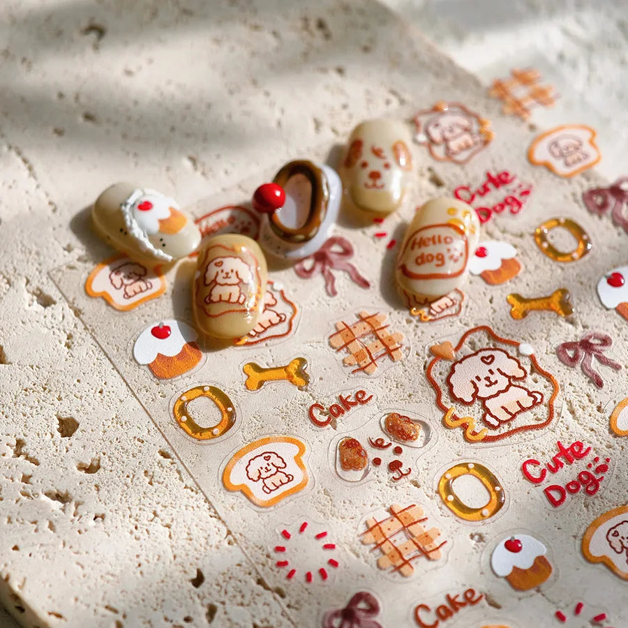 Lovely Dog Bone Bowknot Bread Graffiti Cake Cherry 3D Line Paw Adhesive Nail Art Stickers Cute Cartoon Manicure Decals Wholesale (ONLINE ORDER ONLY)