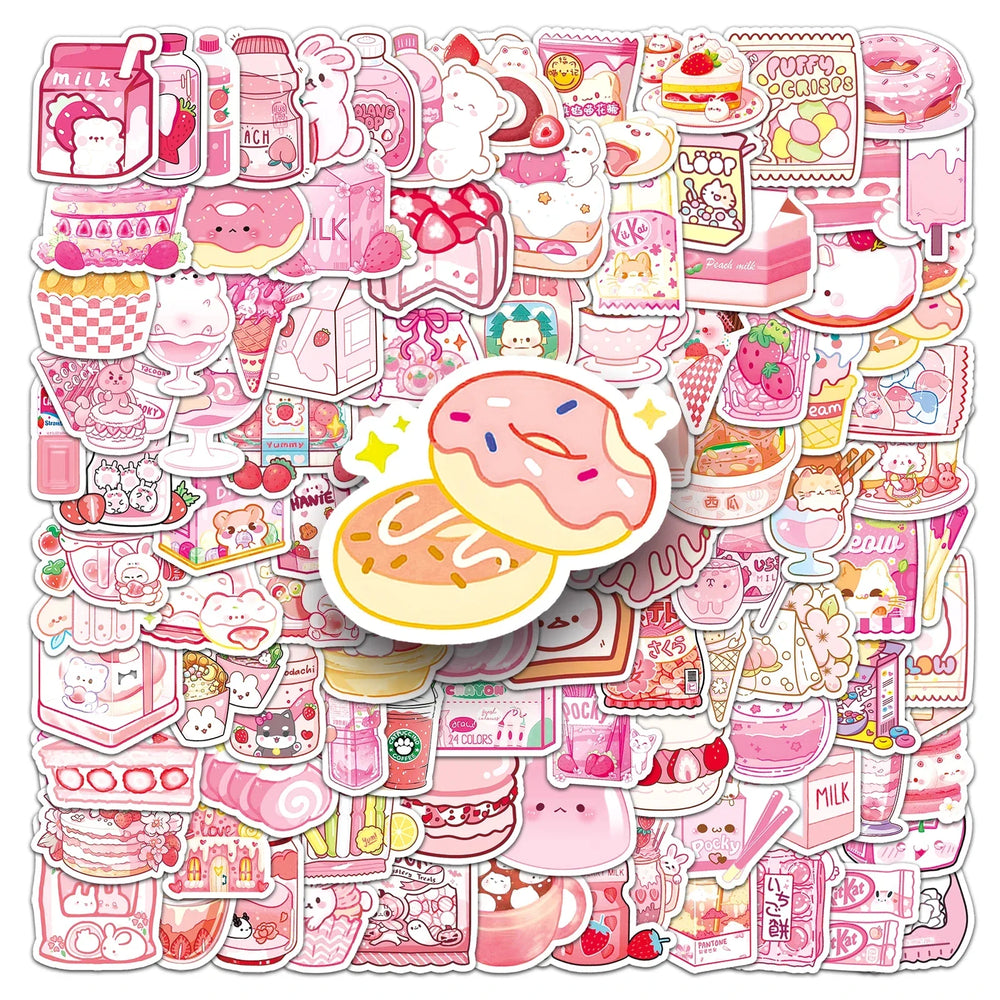 103Pcs Cute Pink Food Waterproof Vinyl Stickers for Skateboard Snowboard (ONLINE ORDER ONLY)