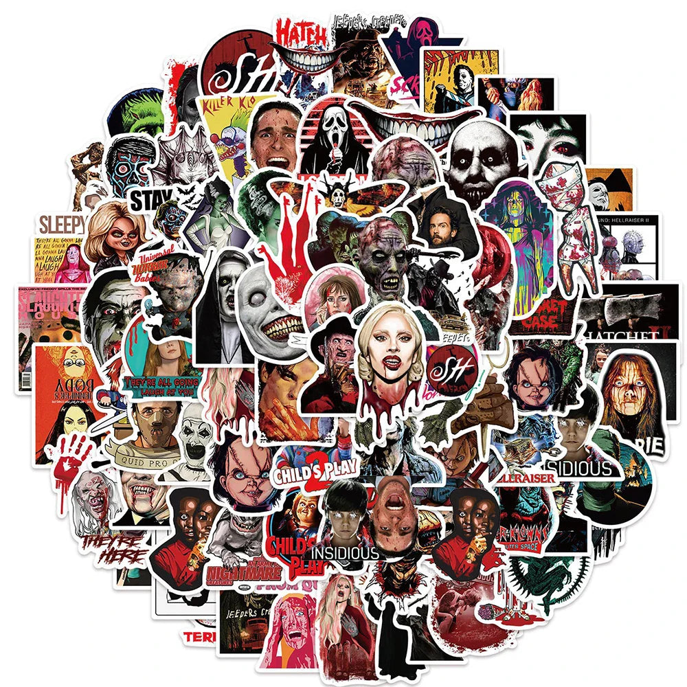 10/30/50/100PCS Mixed Horror Movie Thriller Character Stickers Graffiti Skateboard Phone Guitar Suitcase Bumper Decals Kids Toy (ONLINE ORDER ONLY)