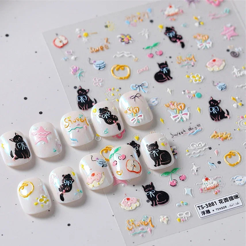 Cat Kitten Mewing Flower Star Bowknot Sweet Cherry Cake Food Line Sun Apple Heart Self Adhesive Nail Art Stickers Manicure Decal (Online Order Only)