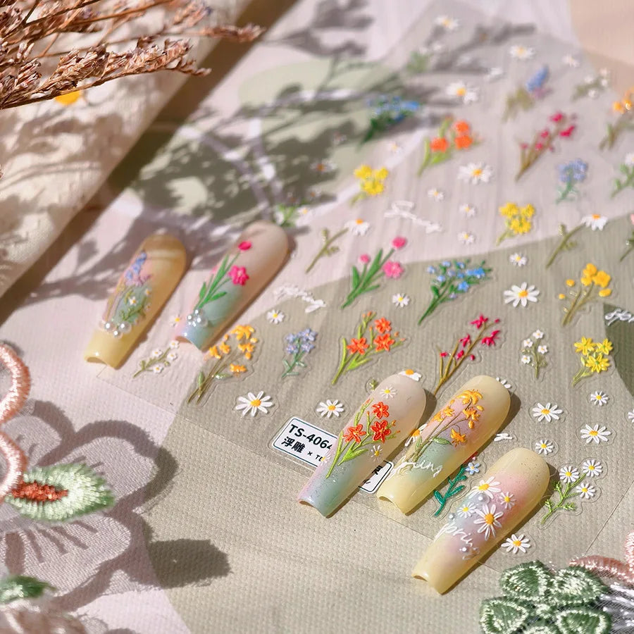 Field Bouquet Canola Flowers Daisy Tulip Garden Lavender Spring Embossed Reliefs Self Adhesive Nail Art Stickers Manicure Decals (ONLINE ORDER ONLY)