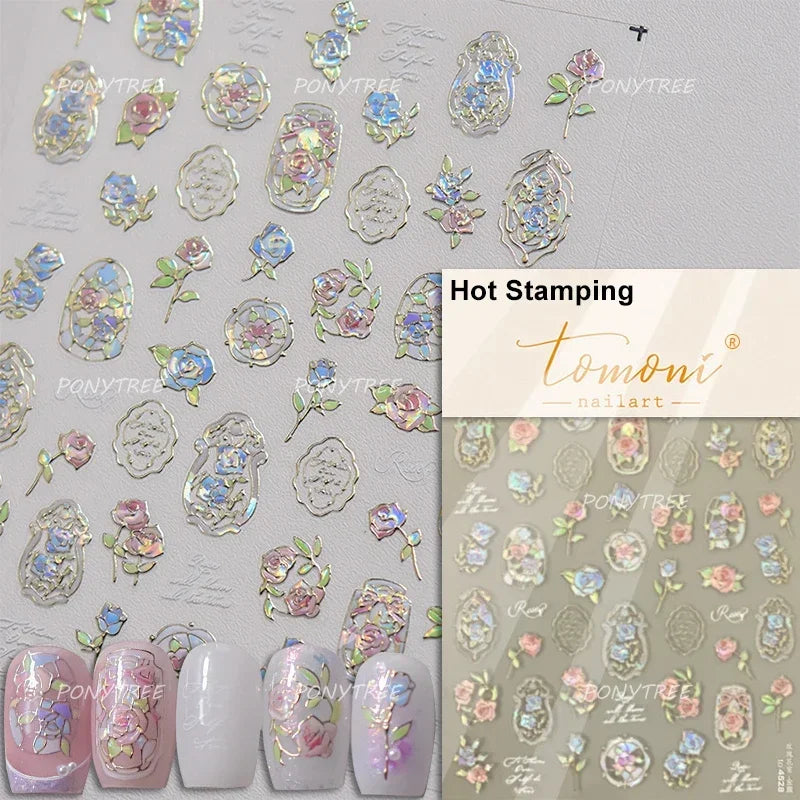 Metal Effect Rose Flower Pattern Totem Photo Frame Self Adhesive Nail Art Sticker Romantic Chic Wreath Rhinestone Manicure Decal (Online Order Only)
