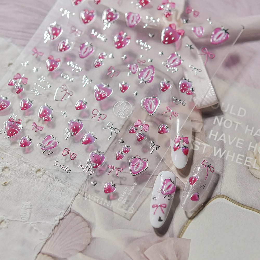 Cute Pink Tempting Strawberries Attractive Fruit Cutting Line Bowknot Star Silver Stamping Chic Nail Art Stickers Manicure Decal (ONLINE ORDER ONLY)