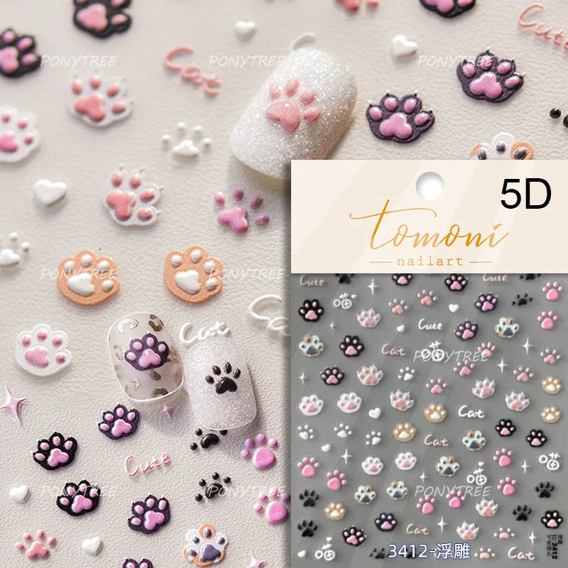 Lovely Green Pink Cherry Pudding Claw Paw Love Heart Bowknot Soft Embossed Reliefs Adhesive Nail Art Stickers Manicure Decals (ONLINE ORDER ONLY)