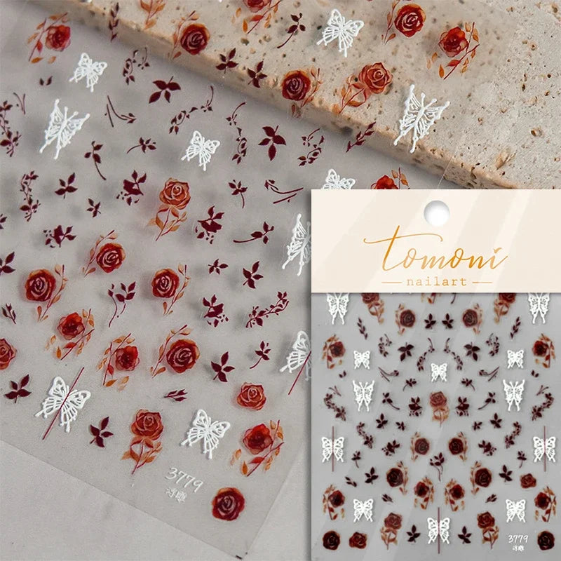 Romantic Candle Holder Lace Rambler Rose Pink Flower Bowknot Candlestick Ribbon Adhesive Nail Art Stickers Shiny Manicure Decals (ONLINE ORDER ONLY)