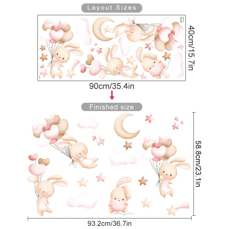 Pink Bunny Moon Clouds Stars Nursery Wall Decals Stickers Kids Room Decor (ONLINE ORDER ONLY)
