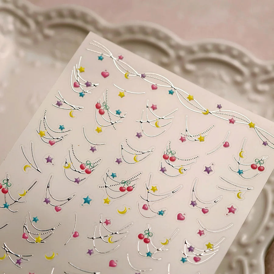 Chic Colourful Star Moon Curved Line Arc Necklace Love Heart Hanging in The Air Cherry Adhesive Nail Art Stickers Manicure Decal (Online Order Only)