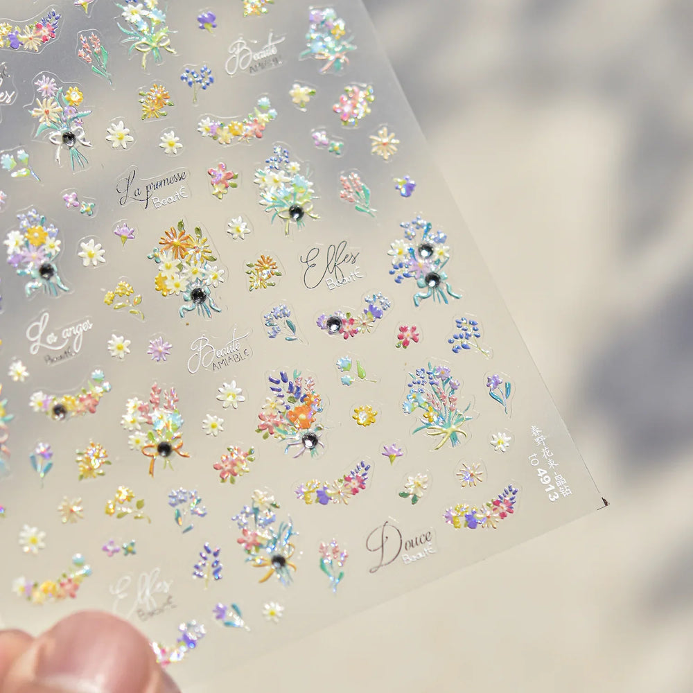 Colourful Field Bouquet Flower Spring Field Violet Daisy Bowknot Butterfly 5D Relief Adhesive Nail Art Stickers Manicure Decals (ONLINE ORDER ONLY)