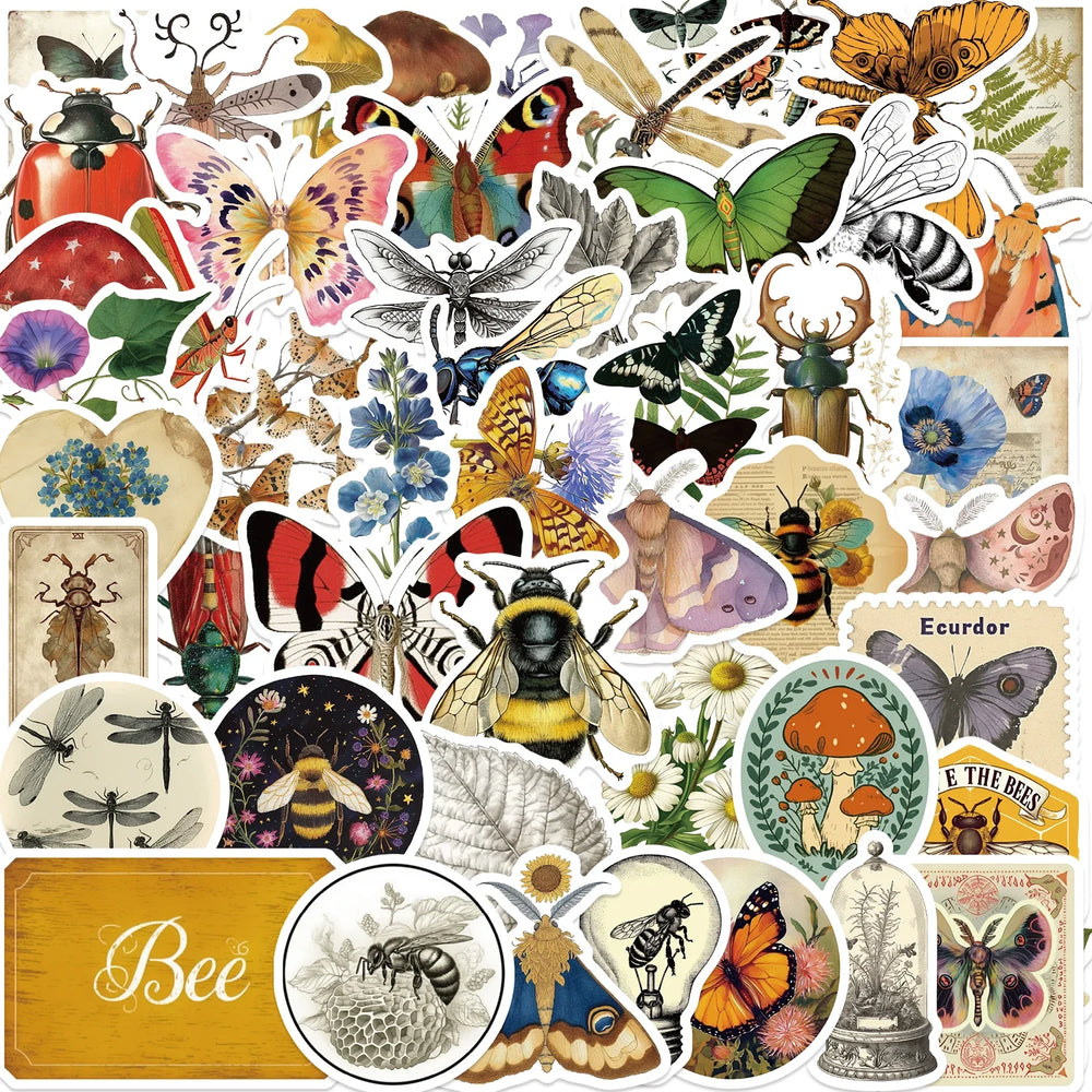 50pcs Retro Insects Stickers Toys Cute Animals Cartoon Decals For Kids DIY Laptop Scrapbook Stationery Fridge Funny Sticker (Online Order Only)