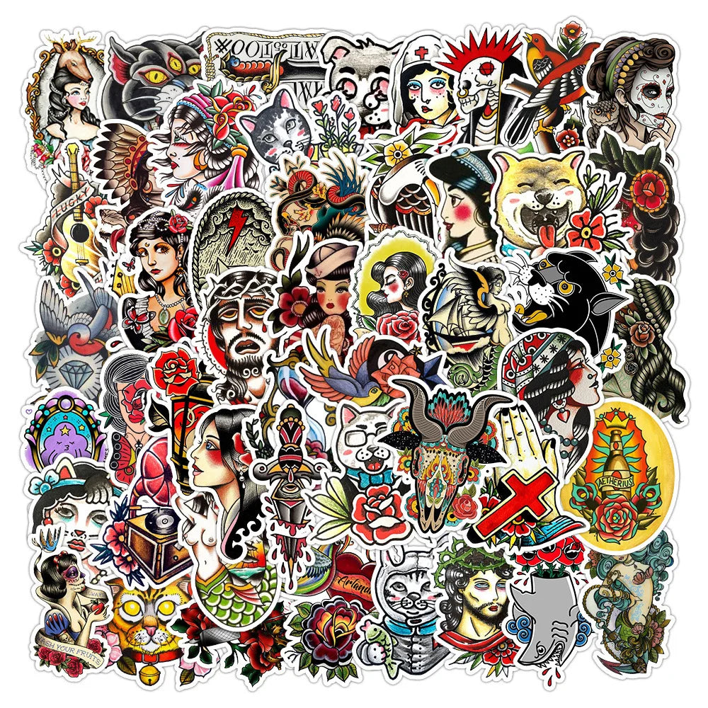 Retro Tattoo Style Cartoon Stickers for Laptop, Luggage, Skateboard, Toy - 10/30/50PCS (Online Order Only)