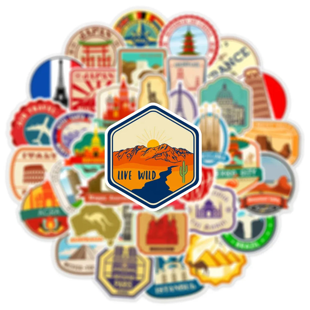 10/25/50pcs Retro World Travel Landmark Suitcase Stamps Sticker Packs (ONLINE ORDER ONLY)