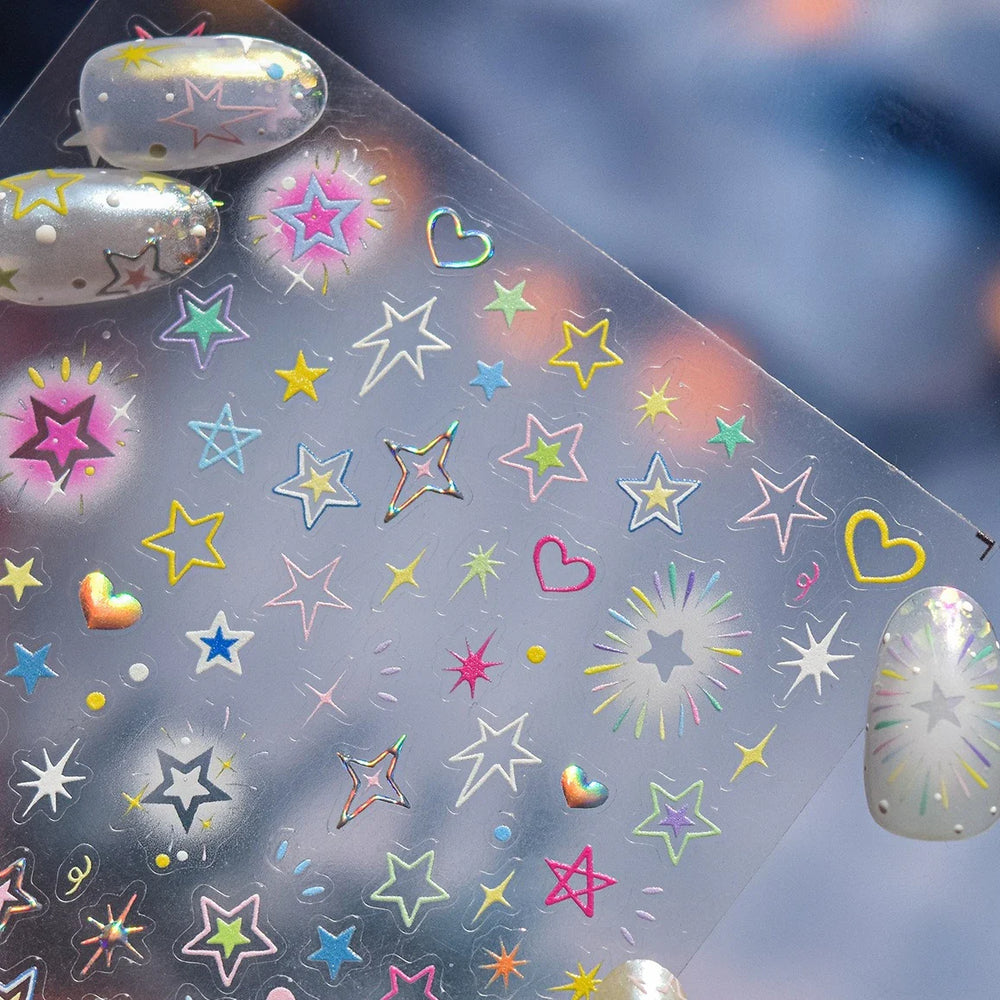 Colorful Starry Light Starburst Love Heart Halo Dyeing Soft Reliefs Self Adhesive Nail Art Decoration Stickers Manicure Decals (ONLINE ORDER ONLY)