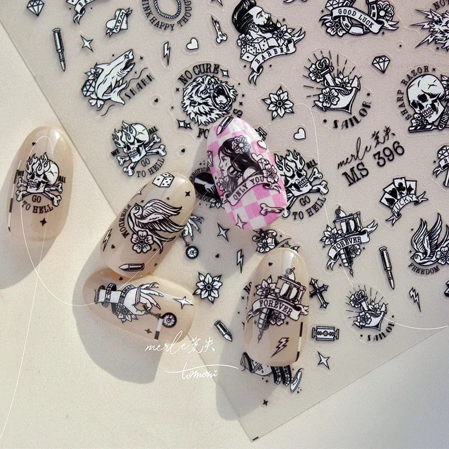 Retro Black Line Skull Man Woman 5D Embossed Relief Self Adhesive Nail Art Sticker Bear Bunny Hand Bird Horror 3D Manicure Decal (Online Order Only)