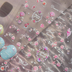 Pink Star Oceanic Shell Starfish Conch Bowknot Embossment Shiny Delicate 5D Chic Self Adhesive Nail Art Stickers Manicure Decals (Online Order Only)