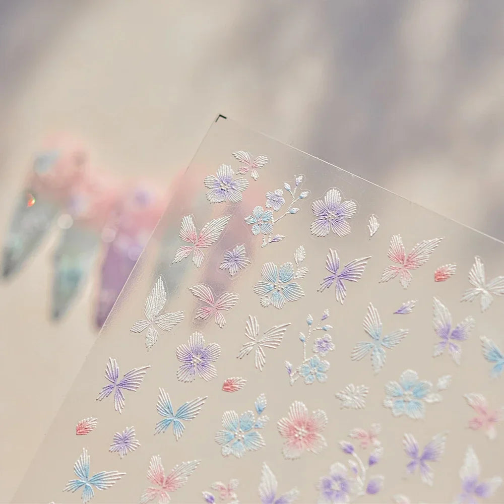 Embroidered Butterfly Flower Colourful Gradient Morning Glory Leaves Self Adhesive Nail Art Stickers Rhinestone Manicure Decals (ONLINE ORDER ONLY)