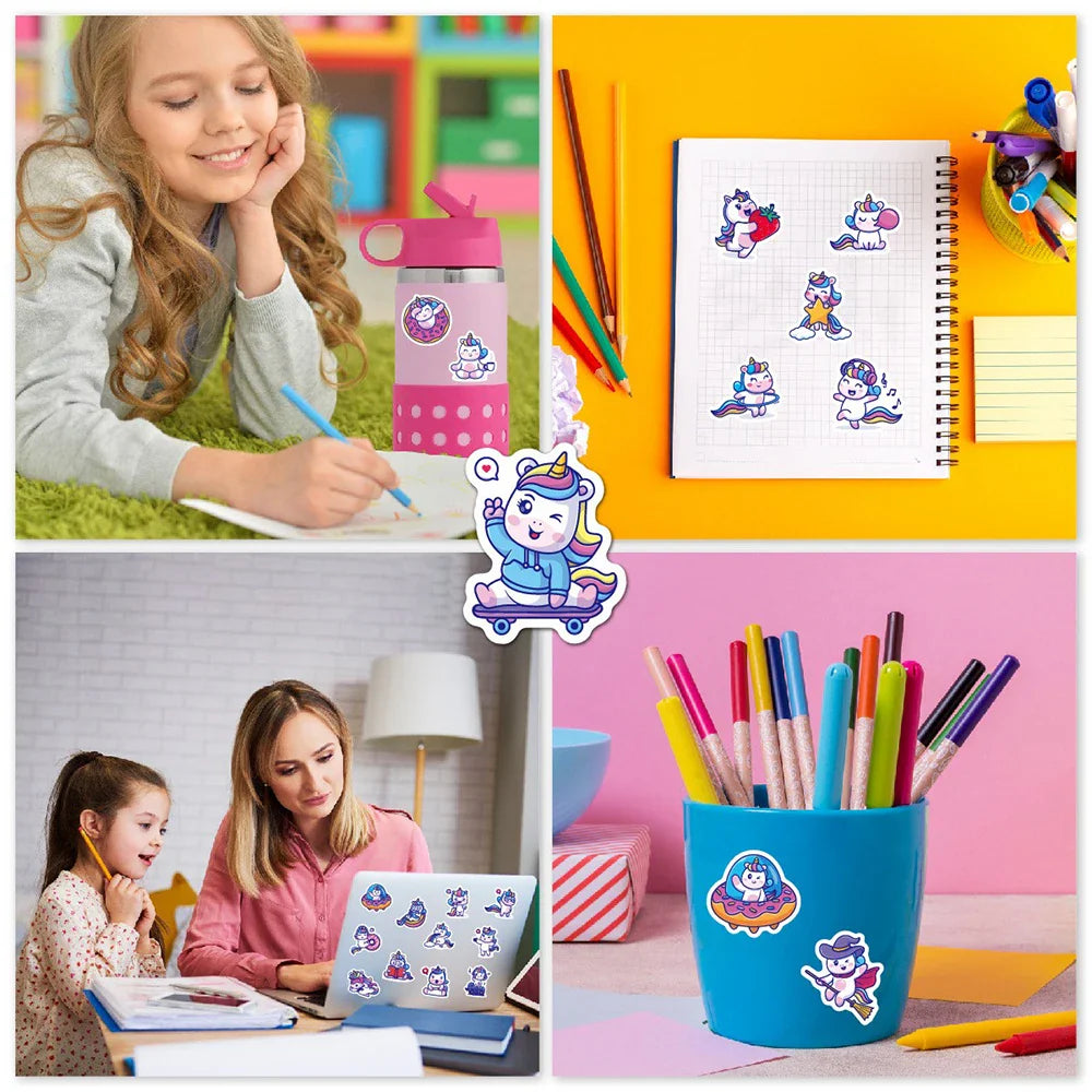 10/30/50PCS Funny Cartoon Unicorn Sticker Decals Gift DIY Phone Scrapbook Suitcase Helmet Car Classic Toys Waterproof Stickers (ONLINE ORDER ONLY)