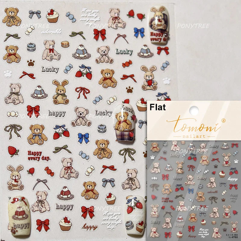 Cute Bear Teddy Birthday Party Maillard Bear Cake Flower Bouquet Lucky Love Heart 5D Adhesive Nail Art Sticker Manicure Decals (Online Order Only)