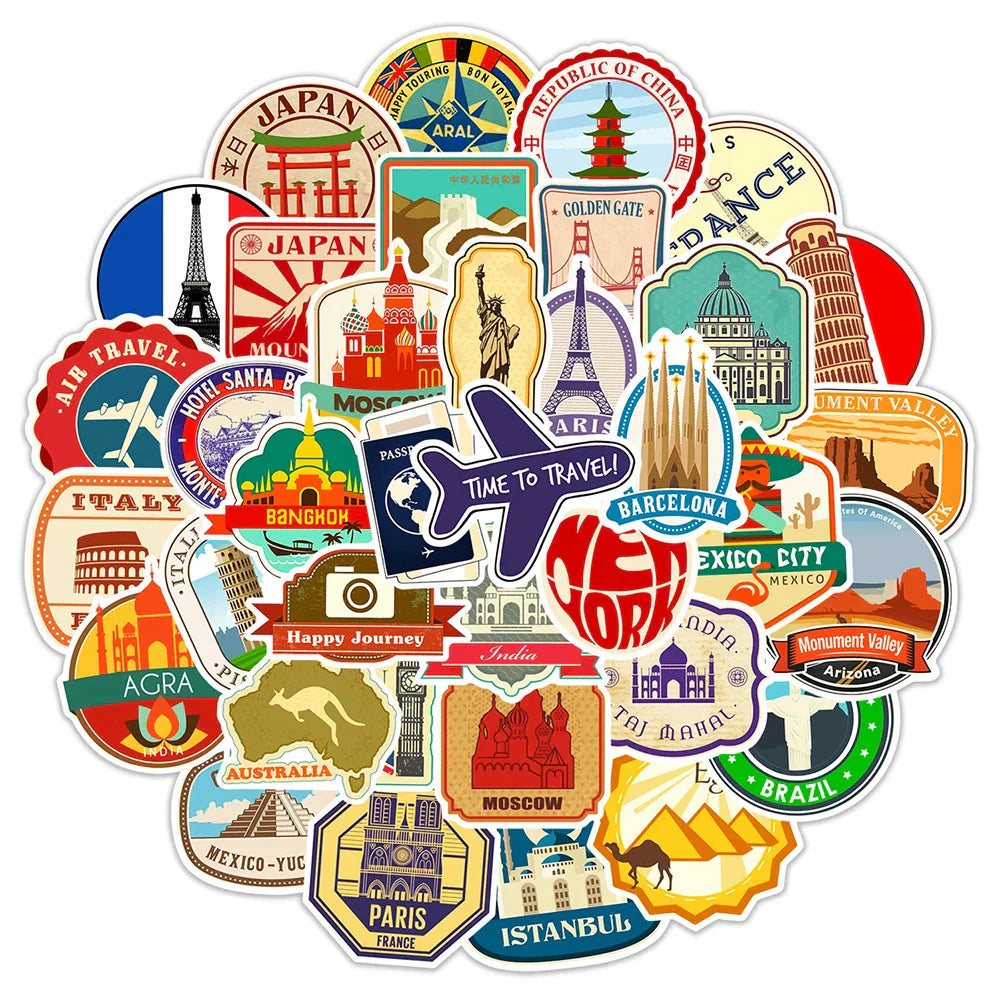 Retro Landmark Travel Stickers Waterproof Decals for Luggage, Guitar, Laptop (Online Order Only)