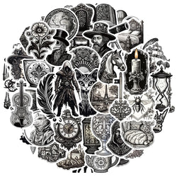 Retro Black & White Medieval Style Stickers for Snowboard, Laptop, Luggage, Car, Fridge (10/30/50 Pcs) (Online Order Only)