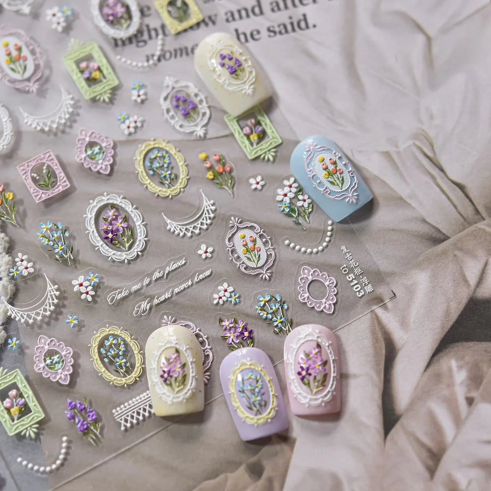 Retro European Flower Frame Gypsophila Bouquet Garden Charming Tulip Lavender Daisy Delicate Nail Art Stickers Manicure Decals (ONLINE ORDER ONLY)