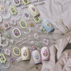 Retro European Flower Frame Gypsophila Bouquet Garden Charming Tulip Lavender Daisy Delicate Nail Art Stickers Manicure Decals (ONLINE ORDER ONLY)