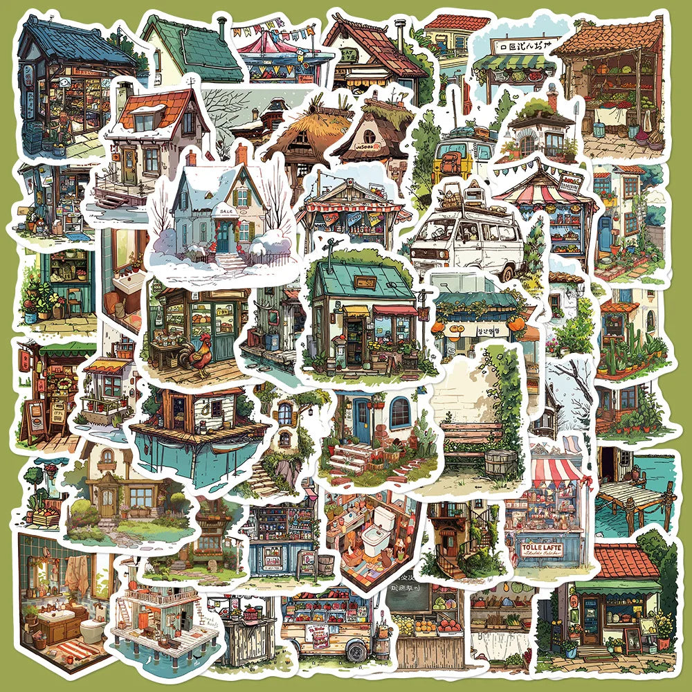 50pcs Cartoon Landscape Graffiti Stickers for Helmets, Walls, DIY Decor Wholesale (Online Order Only)